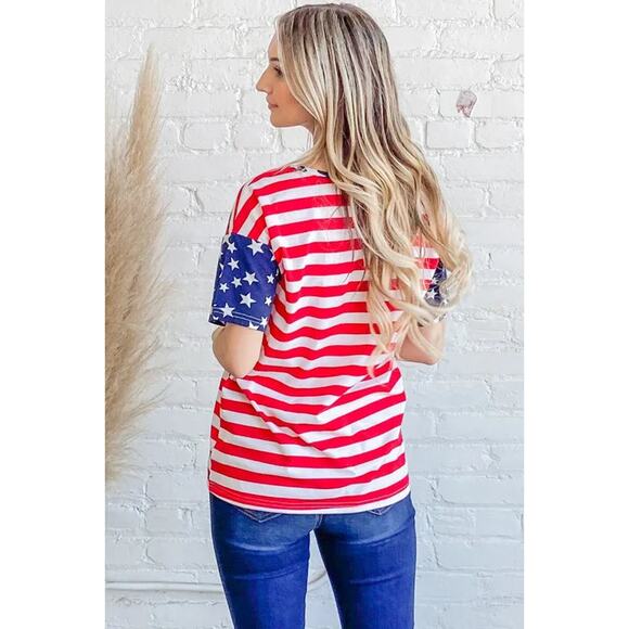 And The Why American Flag Theme Short Sleeves V-Neck Relaxed Fit Top | Red/Navy - Picture 4 of 8